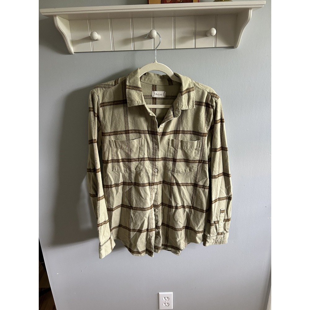 Altar'd State Womens Plaid Flannel Button Down Shirt Tan Brown Size Medium